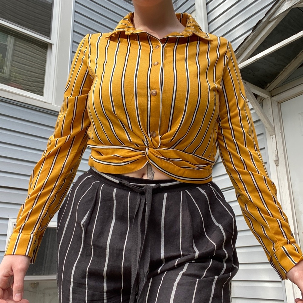 long sleeve button down crop top